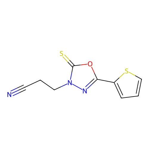 3-[5-(2-thienyl)-2-thioxo-1,3,4-oxadiazol-3(2H)-yl]propanenitrile structure