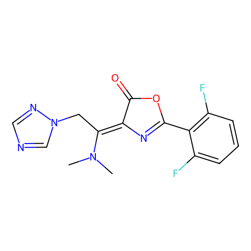 2-(2,6-difluorophenyl)-4-[1-(dimethylamino)-2-(1,2,4-triazol-1-yl)ethylidene]-1,3-oxazol-5-one structure