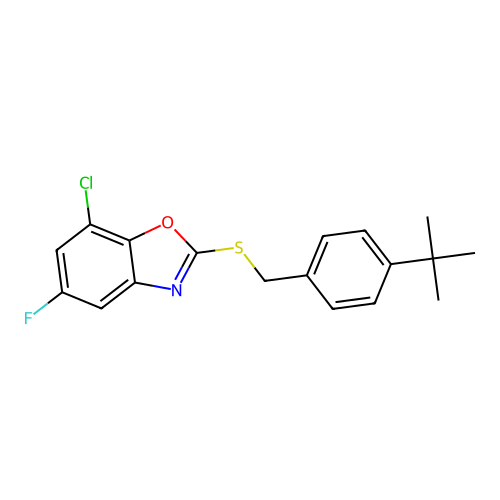 2-{[4-(Tert-butyl)benzyl]sulfanyl}-7-chloro-5-fluoro-1,3-benzoxazole structure