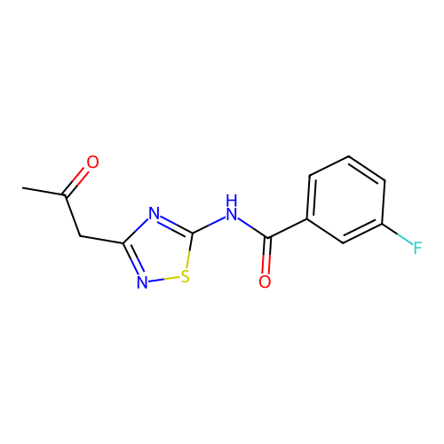 3-fluoro-N-[3-(2-oxopropyl)-1,2,4-thiadiazol-5-yl]benzamide structure