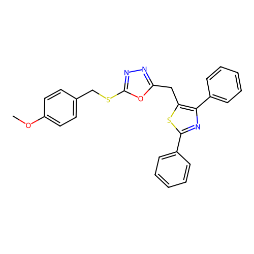 4-[({5-[(2,4-diphenyl-1,3-thiazol-5-yl)methyl]-1,3,4-oxadiazol-2-yl}sulfanyl)methyl]phenyl methyl ether structure