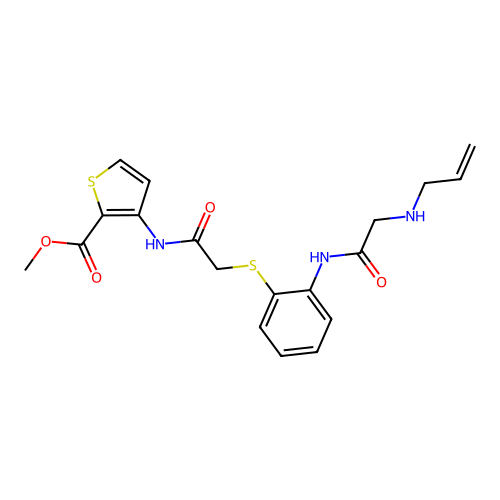 methyl 3-({2-[(2-{[2-(allylamino)acetyl]amino}phenyl)sulfanyl]acetyl}amino)-2-thiophenecarboxylate structure