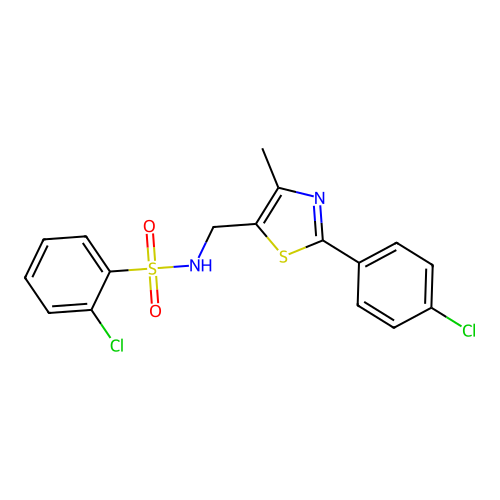 2-chloro-N-{[2-(4-chlorophenyl)-4-methyl-1,3-thiazol-5-yl]methyl}benzenesulfonamide structure