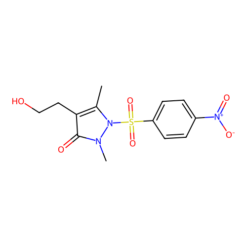 4-(2-hydroxyethyl)-2,5-dimethyl-1-[(4-nitrophenyl)sulfonyl]-1,2-dihydro-3H-pyrazol-3-one structure