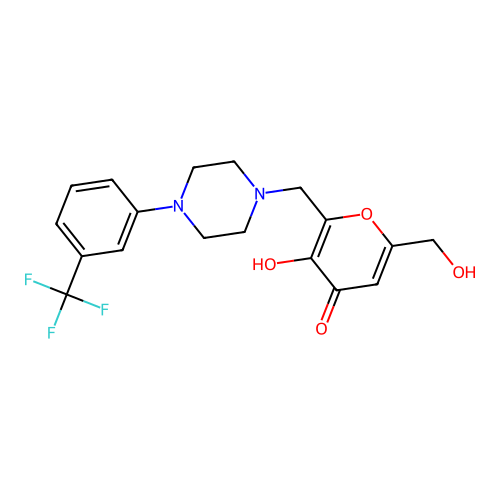 3-hydroxy-6-(hydroxymethyl)-2-({4-[3-(trifluoromethyl)phenyl]piperazin-1-yl}methyl)-4H-pyran-4-one structure