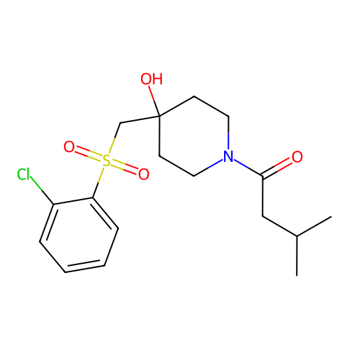 1-(4-{[(2-Chlorophenyl)sulfonyl]methyl}-4-hydroxypiperidino)-3-methyl-1-butanone structure
