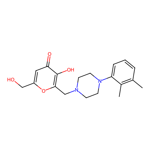 2-{[4-(2,3-dimethylphenyl)piperazino]methyl}-3-hydroxy-6-(hydroxymethyl)-4H-pyran-4-one structure