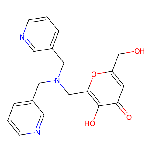 2-{[bis(3-pyridinylmethyl)amino]methyl}-3-hydroxy-6-(hydroxymethyl)-4H-pyran-4-one structure
