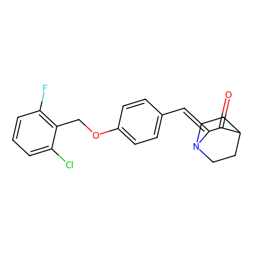 (2Z)-2-({4-[(2-chloro-6-fluorophenyl)methoxy]phenyl}methylidene)-1-azabicyclo[2.2.2]octan-3-one structure