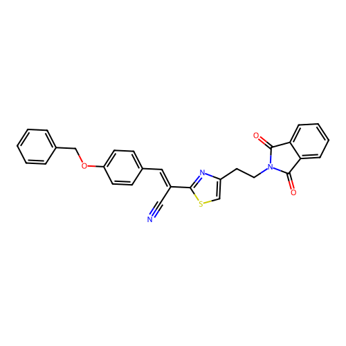 (Z)-3-[4-(benzyloxy)phenyl]-2-{4-[2-(1,3-dioxo-1,3-dihydro-2H-isoindol-2-yl)ethyl]-1,3-thiazol-2-yl}-2-propenenitrile structure