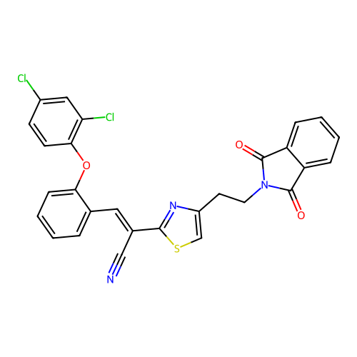 (E)-3-[2-(2,4-dichlorophenoxy)phenyl]-2-{4-[2-(1,3-dioxo-1,3-dihydro-2H-isoindol-2-yl)ethyl]-1,3-thiazol-2-yl}-2-propenenitrile structure