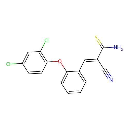 (E)-2-cyano-3-[2-(2,4-dichlorophenoxy)phenyl]-2-propenethioamide structure