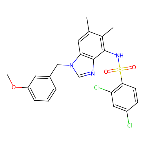 2,4-dichloro-N-[1-(3-methoxybenzyl)-5,6-dimethyl-1H-1,3-benzimidazol-4-yl]benzenesulfonamide structure