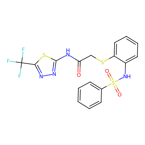 2-({2-[(phenylsulfonyl)amino]phenyl}sulfanyl)-N-[5-(trifluoromethyl)-1,3,4-thiadiazol-2-yl]acetamide structure
