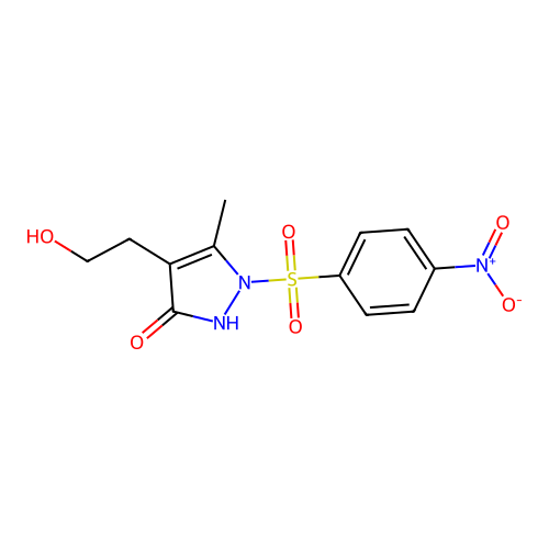 4-(2-hydroxyethyl)-5-methyl-1-[(4-nitrophenyl)sulfonyl]-1,2-dihydro-3H-pyrazol-3-one structure