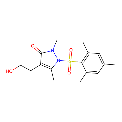 4-(2-hydroxyethyl)-1-(mesitylsulfonyl)-2,5-dimethyl-1,2-dihydro-3H-pyrazol-3-one structure