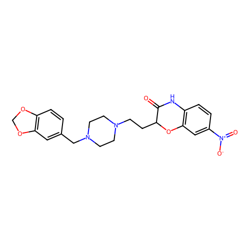 2-{2-[4-(1,3-benzodioxol-5-ylmethyl)piperazino]ethyl}-7-nitro-2H-1,4-benzoxazin-3(4H)-one structure