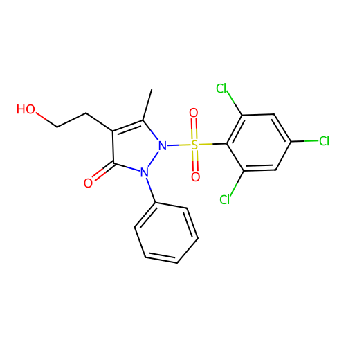 4-(2-hydroxyethyl)-5-methyl-2-phenyl-1-[(2,4,6-trichlorophenyl)sulfonyl]-1,2-dihydro-3H-pyrazol-3-one structure