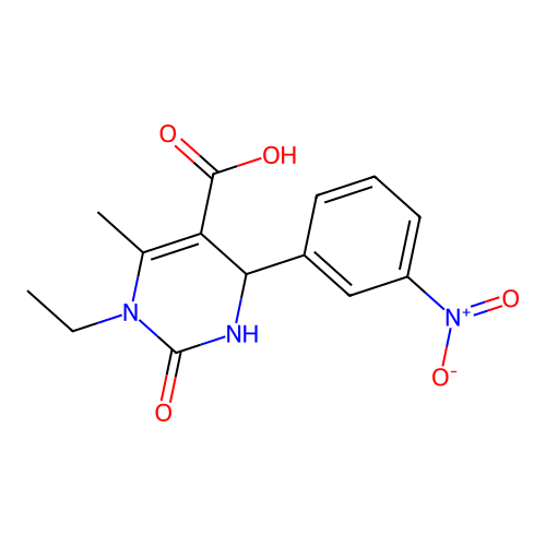 1-ethyl-6-methyl-4-(3-nitrophenyl)-2-oxo-1,2,3,4-tetrahydro-5-pyrimidinecarboxylic acid structure