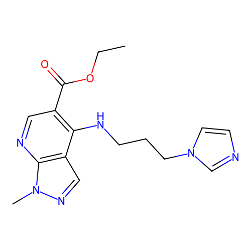 ethyl 4-{[3-(1H-imidazol-1-yl)propyl]amino}-1-methyl-1H-pyrazolo[3,4-b]pyridine-5-carboxylate structure