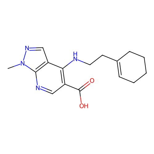 4-{[2-(1-cyclohexenyl)ethyl]amino}-1-methyl-1H-pyrazolo[3,4-b]pyridine-5-carboxylic acid structure