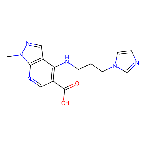 4-{[3-(1H-imidazol-1-yl)propyl]amino}-1-methyl-1H-pyrazolo[3,4-b]pyridine-5-carboxylic acid structure