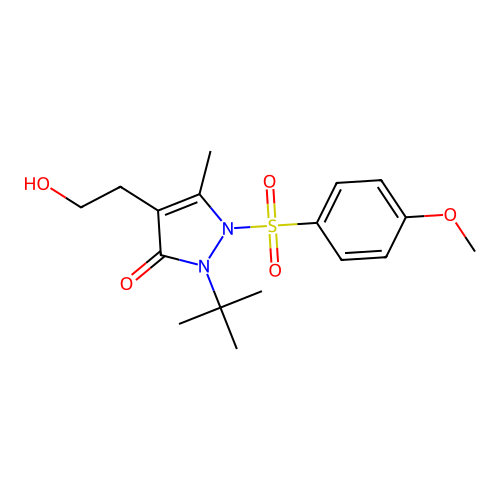 2-(tert-butyl)-4-(2-hydroxyethyl)-1-[(4-methoxyphenyl)sulfonyl]-5-methyl-1,2-dihydro-3H-pyrazol-3-one structure