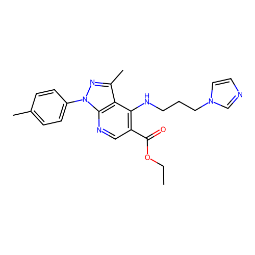 ethyl 4-{[3-(1H-imidazol-1-yl)propyl]amino}-3-methyl-1-(4-methylphenyl)-1H-pyrazolo[3,4-b]pyridine-5-carboxylate structure