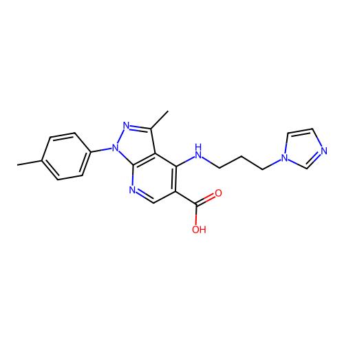 4-{[3-(1H-imidazol-1-yl)propyl]amino}-3-methyl-1-(4-methylphenyl)-1H-pyrazolo[3,4-b]pyridine-5-carboxylic acid structure