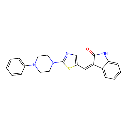 3-[[2-(4-phenylpiperazin-1-yl)-1,3-thiazol-5-yl]methylidene]-1H-indol-2-one structure