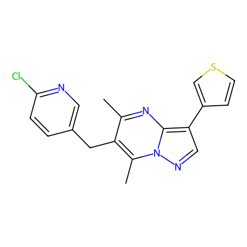 6-[(6-chloro-3-pyridinyl)methyl]-5,7-dimethyl-3-(3-thienyl)pyrazolo[1,5-a]pyrimidine structure