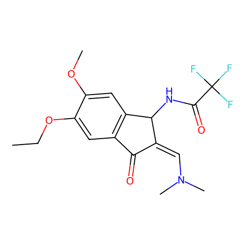 N-{2-[(Z)-(dimethylamino)methylidene]-5-ethoxy-6-methoxy-3-oxo-1,3-dihydro-2H-inden-1-yl}-2,2,2-trifluoroacetamide structure