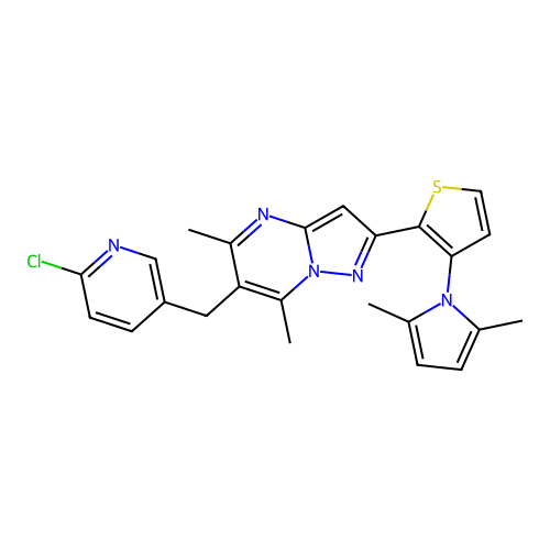 6-[(6-chloro-3-pyridinyl)methyl]-2-[3-(2,5-dimethyl-1H-pyrrol-1-yl)-2-thienyl]-5,7-dimethylpyrazolo[1,5-a]pyrimidine structure