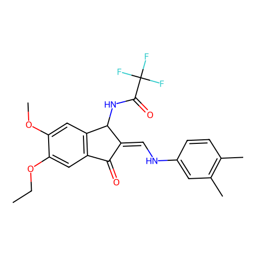 N-[2-[(3,4-dimethylanilino)methylidene]-5-ethoxy-6-methoxy-3-oxo-1H-inden-1-yl]-2,2,2-trifluoroacetamide structure