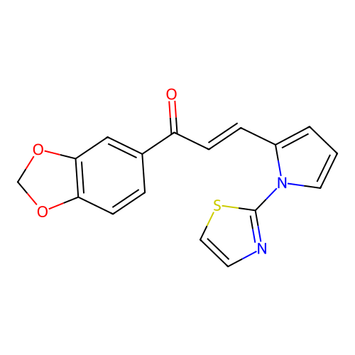 (Z)-1-(1,3-benzodioxol-5-yl)-3-[1-(1,3-thiazol-2-yl)-1H-pyrrol-2-yl]-2-propen-1-one structure