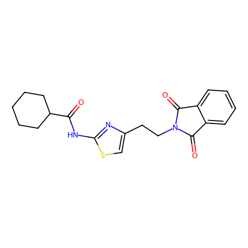 N-[4-[2-(1,3-dioxoisoindol-2-yl)ethyl]-1,3-thiazol-2-yl]cyclohexanecarboxamide structure
