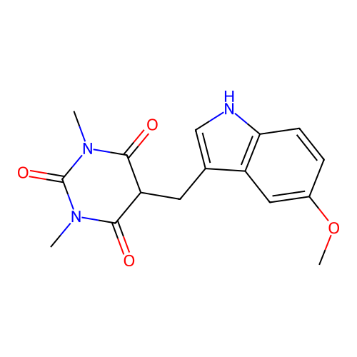 5-[(5-methoxy-1H-indol-3-yl)methyl]-1,3-dimethyl-1,3-diazinane-2,4,6-trione structure