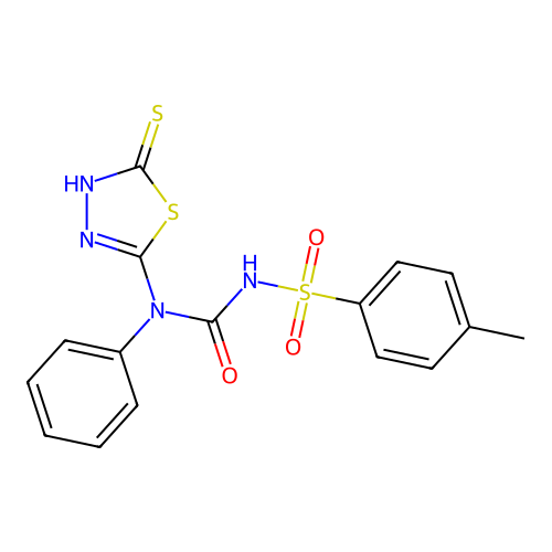 3-(4-methylbenzenesulfonyl)-1-phenyl-1-(5-sulfanylidene-4,5-dihydro-1,3,4-thiadiazol-2-yl)urea structure