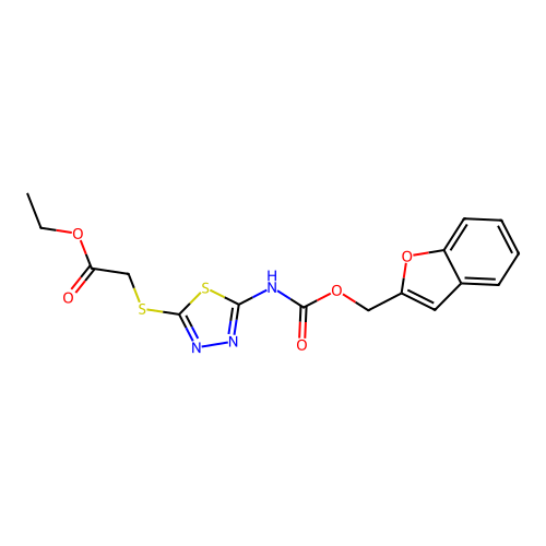 ethyl 2-[(5-{[(1-benzofuran-2-ylmethoxy)carbonyl]amino}-1,3,4-thiadiazol-2-yl)sulfanyl]acetate structure