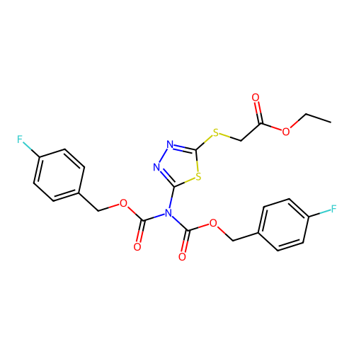 ethyl 2-{[5-(bis{[(4-fluorobenzyl)oxy]carbonyl}amino)-1,3,4-thiadiazol-2-yl]sulfanyl}acetate structure