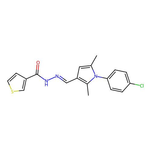 N-[[1-(4-chlorophenyl)-2,5-dimethyl-pyrrol-3-yl]methylideneamino]thiophene-3-carboxamide structure