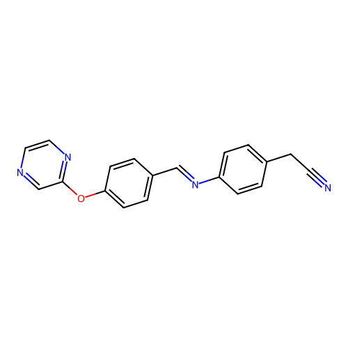 2-[4-({(E)-[4-(2-pyrazinyloxy)phenyl]methylidene}amino)phenyl]acetonitrile structure