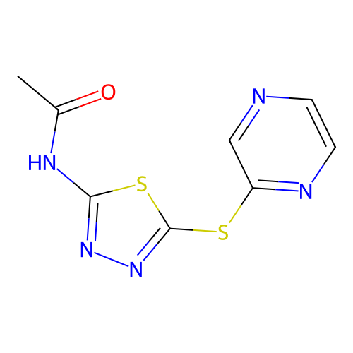 N-[5-(2-pyrazinylsulfanyl)-1,3,4-thiadiazol-2-yl]acetamide structure