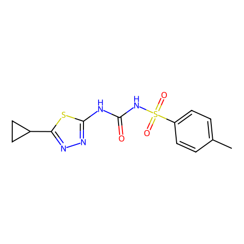 2-cyclopropyl-5-[({[(4-methylphenyl)sulfonyl]amino}carbonyl)amino]-1,3,4-thiadiazole structure