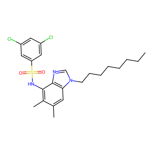 3,5-dichloro-N-(5,6-dimethyl-1-octyl-1H-1,3-benzimidazol-4-yl)benzenesulfonamide structure