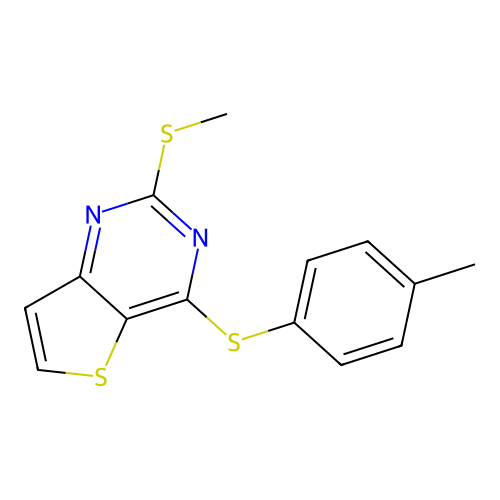 Methyl 4-[(4-methylphenyl)sulfanyl]thieno[3,2-d]pyrimidin-2-yl sulfide structure