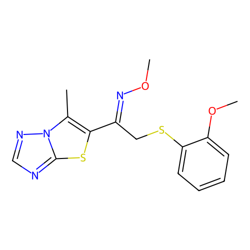 2-[(2-methoxyphenyl)sulfanyl]-1-(6-methyl[1,3]thiazolo[3,2-b][1,2,4]triazol-5-yl)-1-ethanone O-methyloxime structure