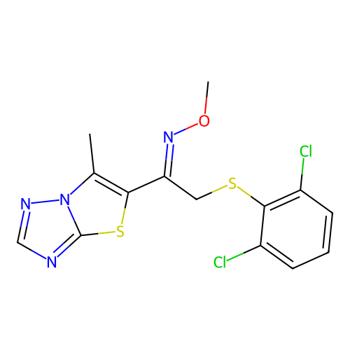 2-(2,6-dichlorophenyl)sulfanyl-N-methoxy-1-(6-methyl-[1,3]thiazolo[3,2-b][1,2,4]triazol-5-yl)ethanimine structure