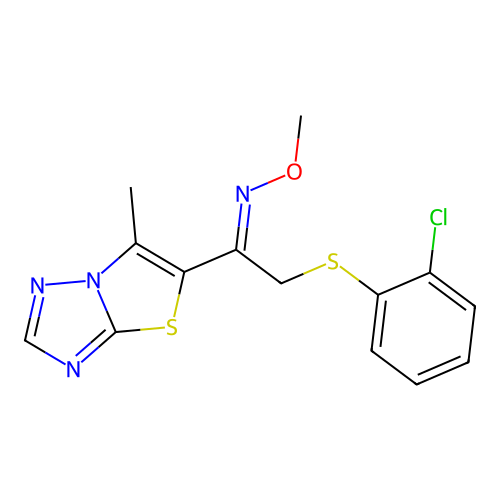 2-(2-chlorophenyl)sulfanyl-N-methoxy-1-(6-methyl-[1,3]thiazolo[3,2-b][1,2,4]triazol-5-yl)ethanimine structure