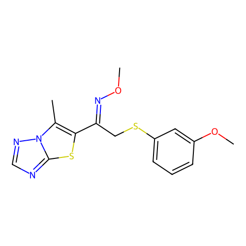 2-[(3-methoxyphenyl)sulfanyl]-1-(6-methyl[1,3]thiazolo[3,2-b][1,2,4]triazol-5-yl)-1-ethanone O-methyloxime structure
